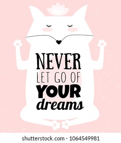 Vector cartoon sketch meditative fox illustration with motivation lettering phrase. Perfect for postcard, Valentine's day, anniversary, birthday, baby book. Yoga pose

