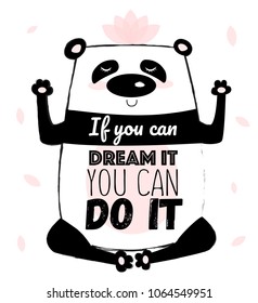 Vector cartoon sketch. Meditative yoga panda illustration with motivation lettering phrase. Perfect for postcard, Valentine's day, anniversary, birthday, baby book
