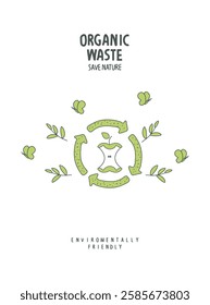 Vector cartoon sketch of organic sign with green leaves.Environmentally friendly planet concept. Zero waste Concept. Think Green.	

