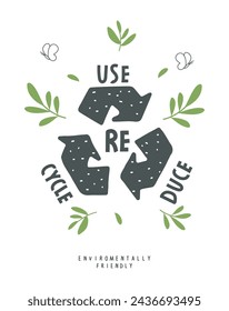 Vector cartoon sketch of recycling sign with a call to reuse, reduce, recycle.
Sustainable lifestyle. Plastic free ecological poster. Zero waste Concept.

