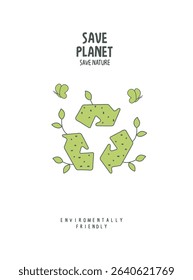 Vector cartoon sketch of recycling sign with green sprouts. Sustainable lifestyle. Plastic free ecological poster. Zero waste Concept.	
