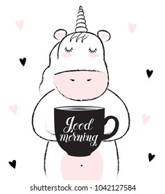 Vector cartoon sketch unicorn illustration with motivation lettering phrase. Perfect for postcard, Valentine's day, anniversary, birthday, baby book

