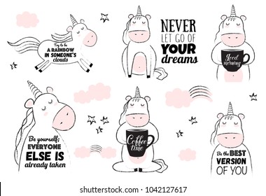 Vector cartoon sketch unicorn illustration with motivation lettering phrase. Perfect for sticker, postcard, Valentine's day, anniversary, birthday, baby book