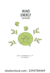 Vector cartoon sketch of wind energy sign with green leaves  in the speach bubble. .Environmentally friendly planet concept. Zero waste Concept. Think Green.	
