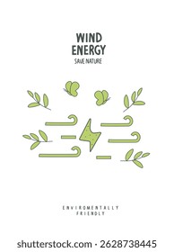 Vector cartoon sketch of wind energy sign with green leaves. .Environmentally friendly planet concept. Zero waste Concept. Think Green.	
