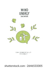 Vector cartoon sketch of wind energy sign in the speach bubblewith green leaves. .Environmentally friendly planet concept. Zero waste Concept. Think Green.