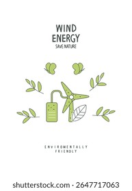 Vector cartoon sketch of wind energy sign with green leaves. .Environmentally friendly planet concept. Zero waste Concept. Think Green.