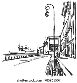 Vector cartoon sketchy drawing of city. Cityscape landscape.