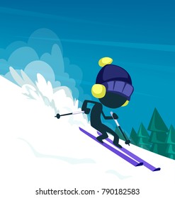 vector cartoon ski extreme sport figure silhouette at winter season with snow and pine tree background illustration