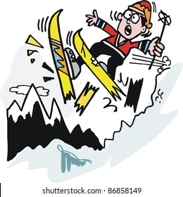 Vector cartoon of skier breaking skis on mountain