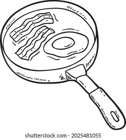 Vector cartoon skillet with egg and bacon line art