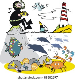 Vector cartoon of skin diver sitting on rock with fish in sea