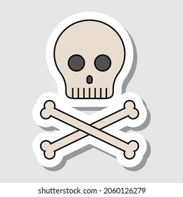 Vector cartoon skull with bones sticker. Isolated contours of humans bones for Halloween decoration and Dia de los muertos. Cartoon silhouette for holiday decor