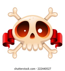 Vector cartoon skull character with crossbones and red ribbon