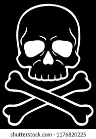 Vector cartoon skull with crossbones line art in black background