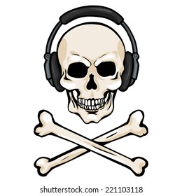 Vector Cartoon Skull with Headphones and Cross Bones