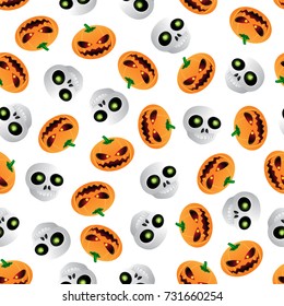 Vector cartoon skull and pumpkin seamless pattern on white background. Vector illustration to Happy Halloween holiday.  Can be used for printing on textile, pattern fills, textures or gift wrap