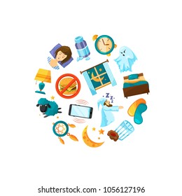 Vector cartoon sleep elements gathered in circle illustration