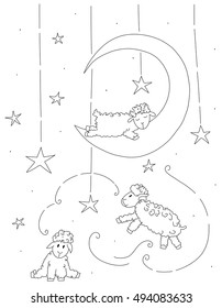 Vector cartoon of sleeping sheep, sky, moon and stars background. Black outline for coloring book. Vector contour of nursery illustrations