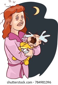 Vector of a Cartoon Sleepless White Mother Carrying a Crying Baby