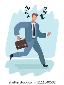 Vector cartoon Sleepy tired man in suit with suitcase with closed eyes run at the work.