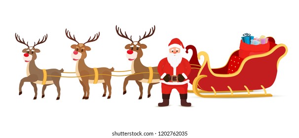 Vector cartoon sleigh with bag of gifts and reindeers, sled with Santa Claus. Christmas element with cute deers. Traditional transport for holiday.