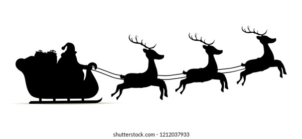 Vector cartoon sleigh with bag of gifts and reindeers, sled of Santa Claus. Christmas element with cute deers. Traditional transport for holiday.