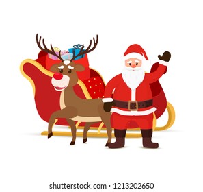 Vector cartoon sleigh with bag of gifts and reindeer, sled with Santa Claus. Christmas element with cute deers. Traditional transport for holiday.