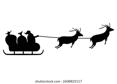 Vector Cartoon Sleigh with Bag of Gifts and Reindeers  Santa Claus Holiday Transport