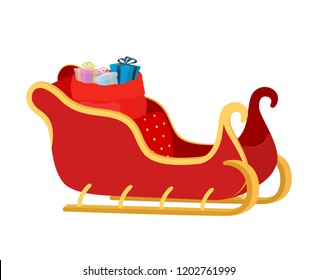 Vector cartoon sleigh of Santa Claus with gift bag, golden elements on vehicle. Transport of Christmas holiday with red fabric, velvet and yellow buttons. Sled with sack of presents for winter.