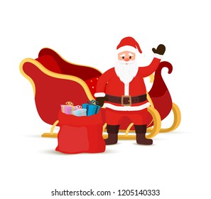 Vector cartoon sleigh with Santa Claus, gift bag on vehicle. Transport of Christmas holiday with red fabric, velvet and yellow buttons. Sled with sack of presents for winter.