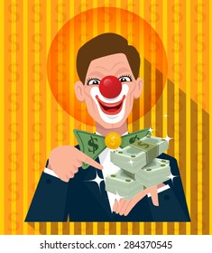 vector cartoon sly businessman wearing smile clown mask hand holding banknotes, illustration  