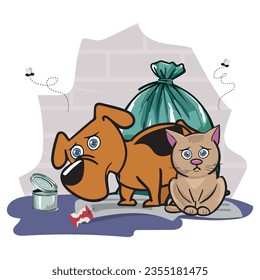 Vector cartoon small afraid puppy and sad kitten homeless hungry pets.