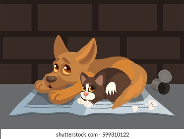 Vector Cartoon Small Afraid Puppy And Sad Kitten Homeless Hungry Pets 