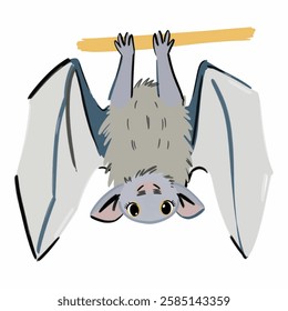 A vector cartoon of a small bat hanging upside down with big eyes and wings folded. A fun and eerie illustration for Halloween, nature, and wildlife themes.