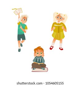 Vector cartoon small blonde girl, female school character standint, boys kid sitting at big book reading textbook smiling, running. Preschool child student, education concept. Isolated illustration