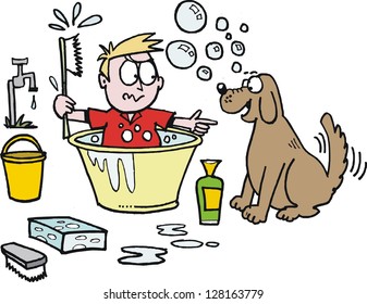 Vector cartoon of small boy bathing pet dog.