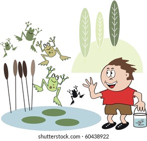 Vector cartoon of small boy collecting frogs in pond.