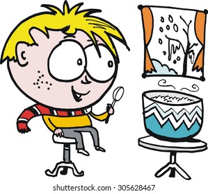 Vector cartoon of small boy enjoying bowl of porridge