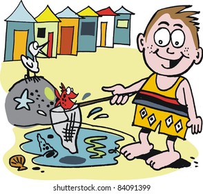 Vector cartoon of small boy fishing in rock pool at beach