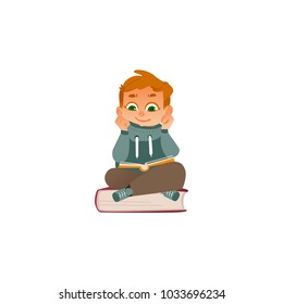Vector cartoon small boy, male school or kindergarten character warm pullover sitting at big book reading textbook smiling. Preschool child student, education literature concept. Isolated illustration