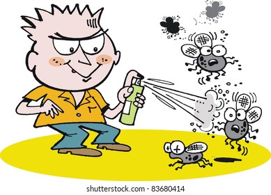 Vector cartoon of small boy spraying flies with insecticide