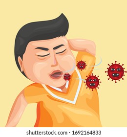 Vector cartoon of a small child sneezing and removing a virus.