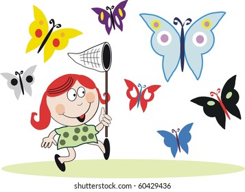 Vector cartoon of small girl with red hair chasing butterflies.