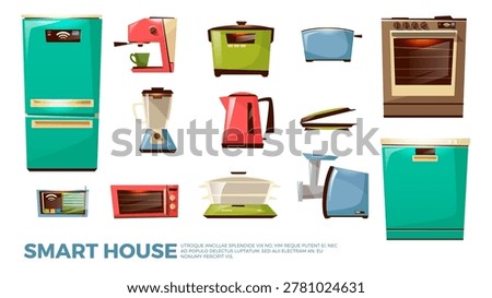 Vector cartoon smart kitchen, internet of things, iot modern wireless network connection appliances set. Illustration household equipment washing machine fridge microwave oven gas stove tea kettle