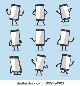 Vector cartoon smartphone character poses for design.