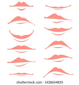 Vector Cartoon Smile Logo Isolated on White Background. Set of Pink Female Mouth. Lips Collection. Different Facial Expression. Human Sense for Taste. Dental Care Illustration for Icon