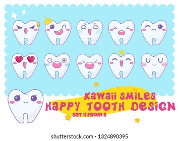Vector cartoon smiles. Kawaii teeth with funny muzzles: happy, angry, grumpy, shy, sly, amazed, startled, loving, crying, whiner and more faces. Dental signs, symbols In Japanese anime style. Set 4/5
