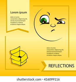 Vector cartoon smiley face. Emoticon reflections. Template for advertising brochure. Ready for your message. Funny cartoon character. Vector illustration.
