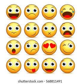 Vector cartoon smiley face set of yellow emoticons and icons with funny facial expressions and emotions isolated in white background with reflections. Vector illustration.
